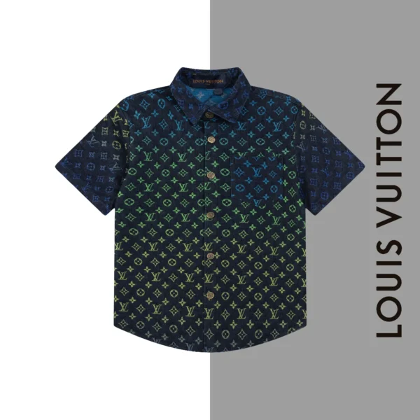 Gradient jacquard full print denim short sleeved shirt 1025032115